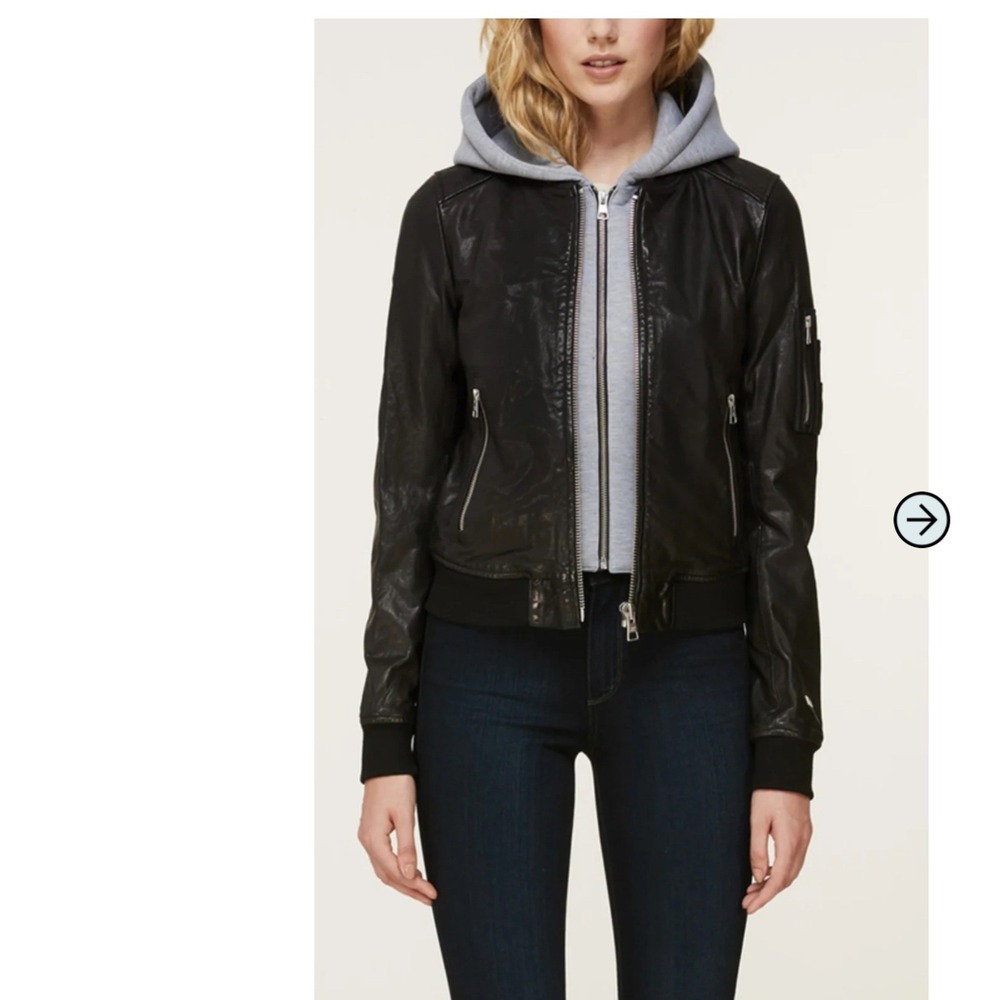 Soia & Kyo Womens Leather Bomber Jacket M Black Grey Farica Hooded Zip Up Fall